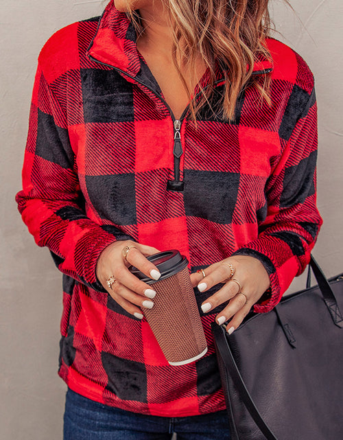 Load image into Gallery viewer, Plaid Print 1/4 Collar Sweatshirt
