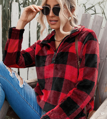 Plaid Print 1/4 Collar Sweatshirt