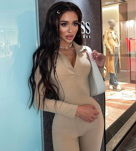 Long Sleeve V-Neck Skinny Jumpsuit